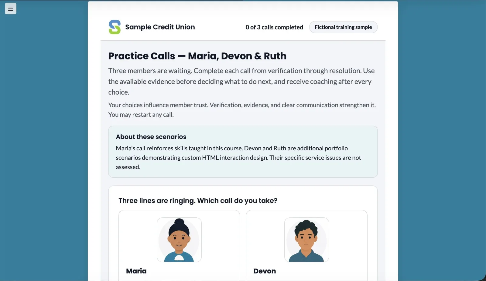 Practice Calls lesson: Sample Credit Union header, three waiting members — Maria, Devon, and Ruth — with a note that Maria's call reinforces course skills and a prompt asking which call to take.