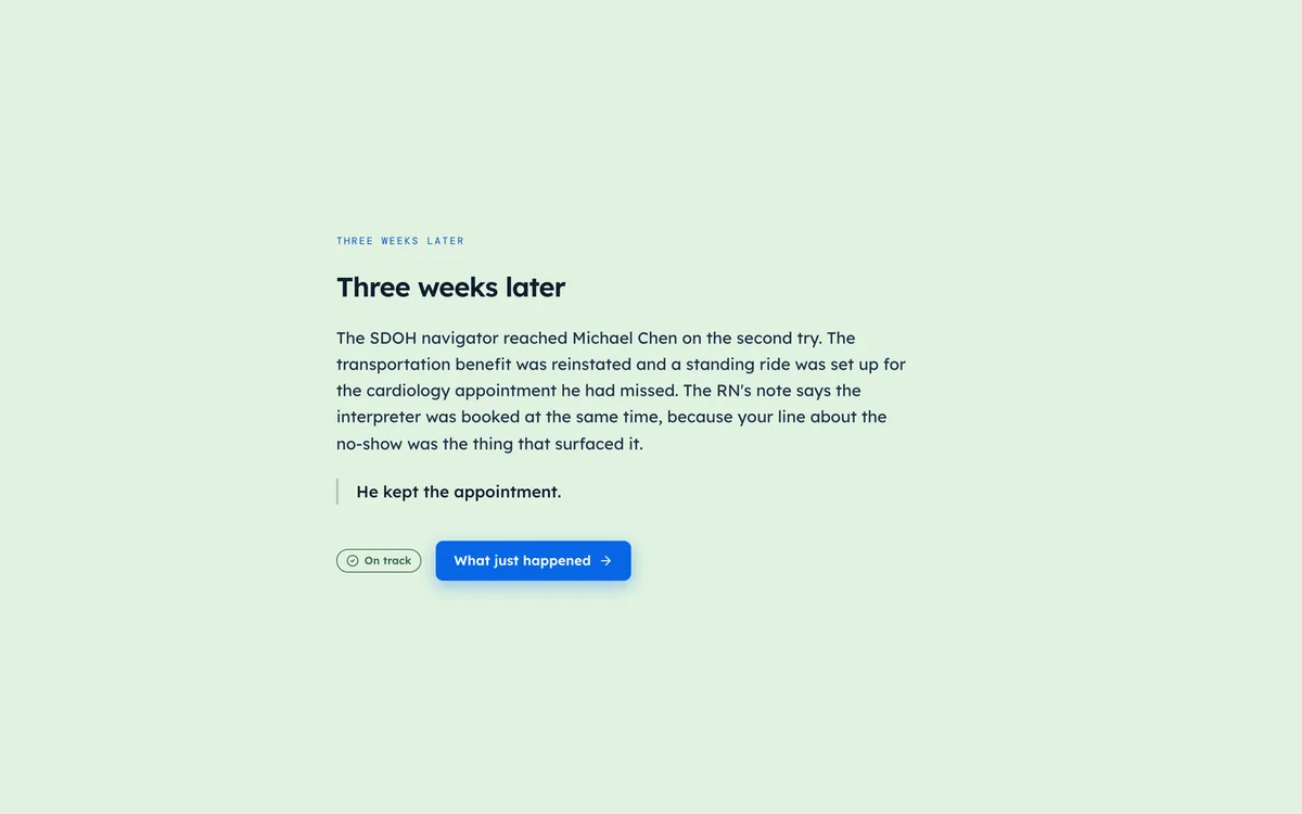 A 'Three weeks later' screen badged 'On track', describing transport reinstated and an appointment kept.