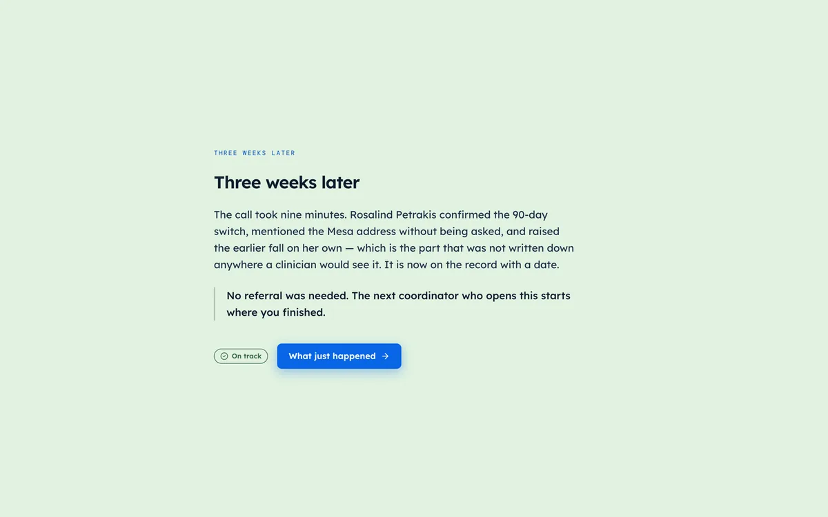 The same 'Three weeks later' screen badged 'On track', describing a nine-minute call and no referral.