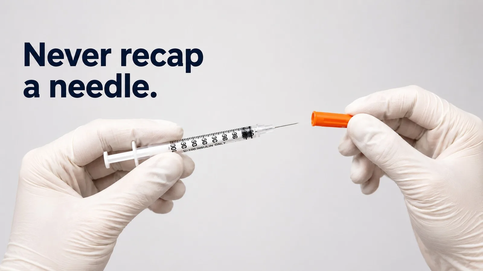 Frame from the Health and Safety Essentials video under the heading Never recap a needle, noting that recapping is a common cause of accidental needlesticks.