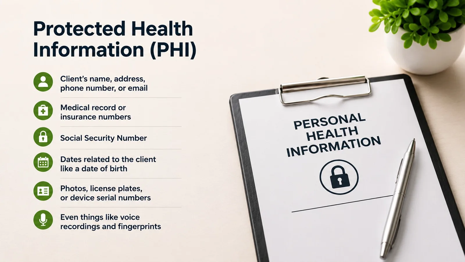 Slide from the orientation video titled Protected Health Information (PHI), listing examples: a client's name, address, medical or insurance numbers, Social Security number, dates such as a date of birth, photos, and voice recordings.