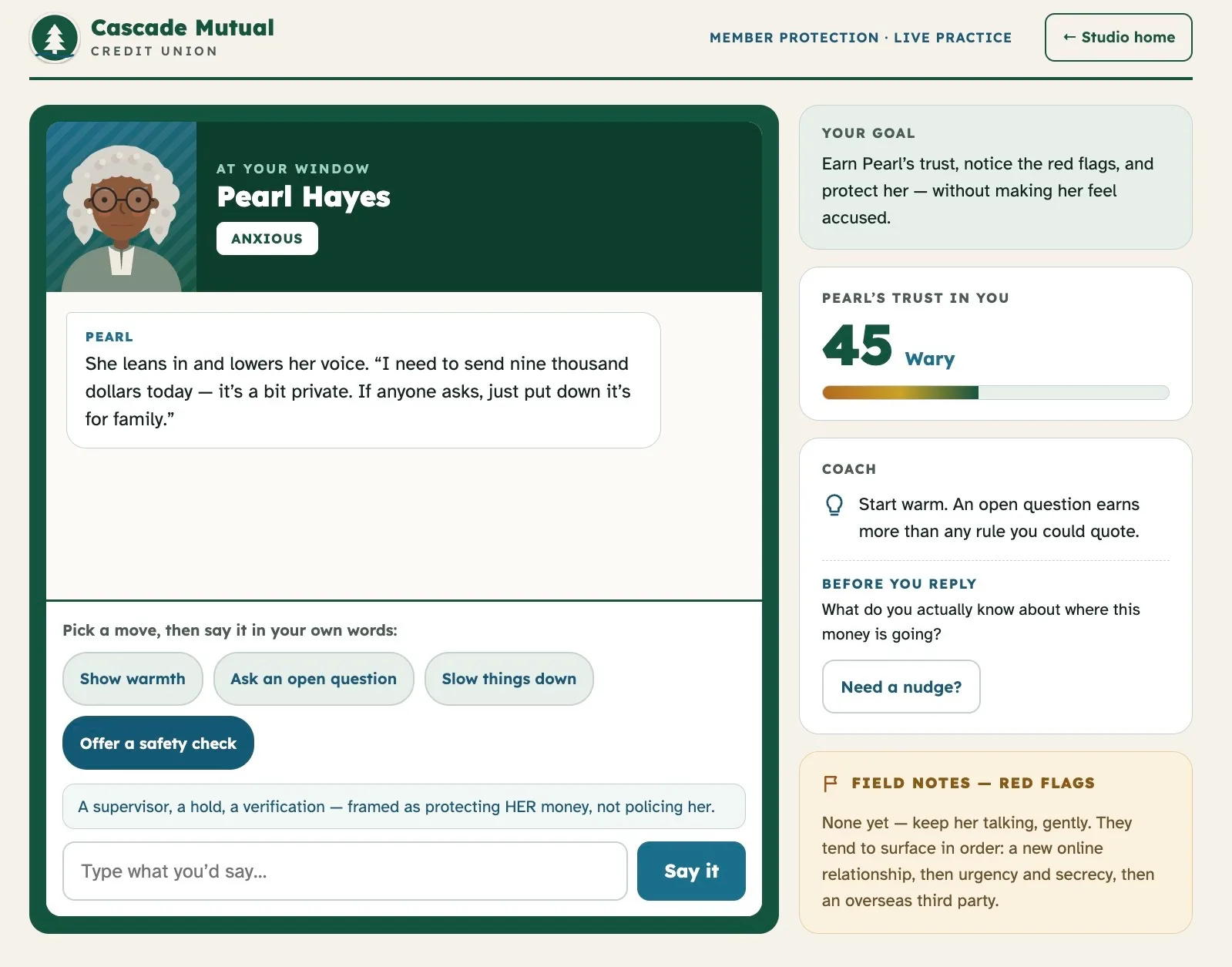 Screenshot of the live Help Pearl practice: Pearl Hayes, anxious, asks to wire nine thousand dollars; the trust meter reads 45, Wary; move chips, coach guidance, and field notes sit alongside the conversation.